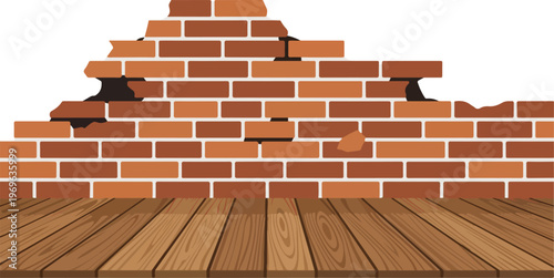 Rustic wooden tabletop against a textured, damaged red brick wall background with visible cracks and imperfections