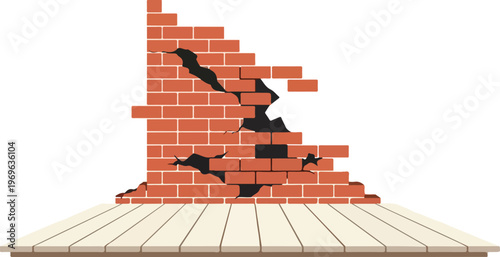 Broken brick wall with damaged sections and a wooden surface below, symbolizing structural issues and decay