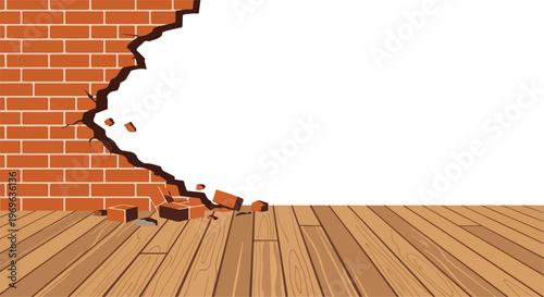 Broken brick wall on a wooden floor, symbolizing destruction and renovation