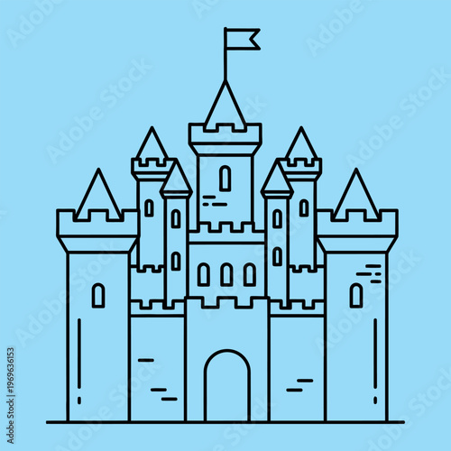 Blue castle with black outline and flag on line medieval architecture