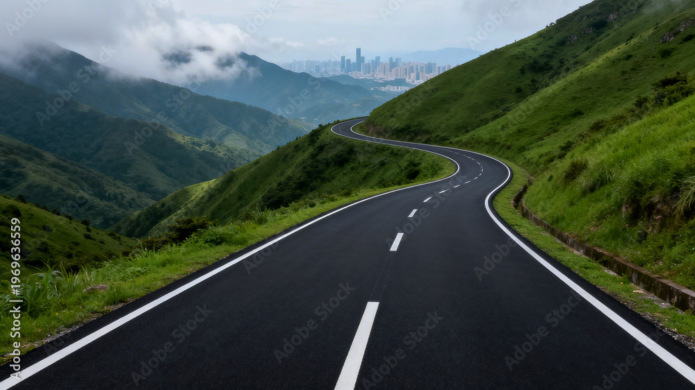Fototapeta premium Winding Road Through Lush Green Hills with City Skyline