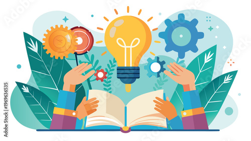 Hands hold open book with light bulb and gears above in a creative space illustrating ideas and learning new skills