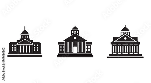 Black and white illustration of three different buildings with columns and domes  buildings with architectural details  simple iconic structures