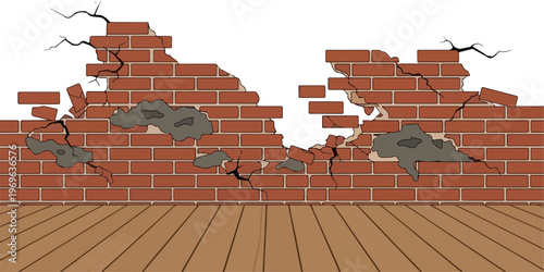 Broken brick wall with wooden floor, illustration of destruction and damage