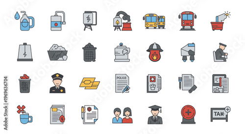 Set of various flat style icons representing business, communication, and daily activities.