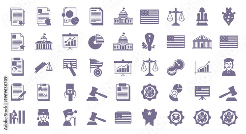 Set of various legal and justice icons representing law and court concepts.