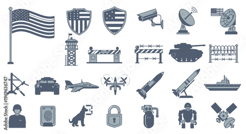 Collection of various military and security icons in monochrome style.
