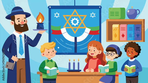 Kids learn about Hanukkah with a teacher in a classroom setting during daytime