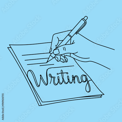 Hand holding pen writing on paper with word Writing document