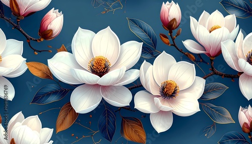 seamless pattern of white magnolia flowers with golden and blue leaves on a dark blue background.
