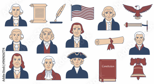Illustrations of George Washington with American patriotic symbols and historical items.