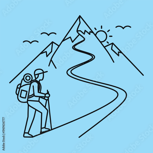 Hiker on winding mountain trail with backpack and trekking poles at sunrise