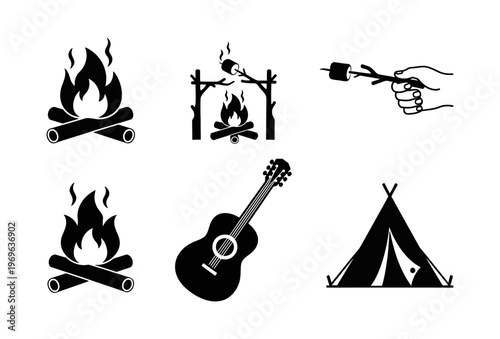 Illustrative collection of black and white vector icons representing popular outdoor camping activities and essential gear for nature enthusiasts and adventurers