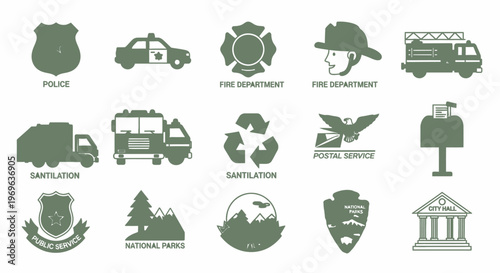 Set of various public service and emergency icons in green silhouette style.