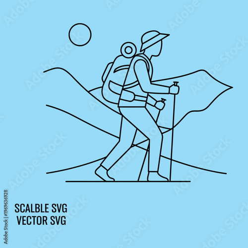 Hiker with backpack and map in hand on mountain peak