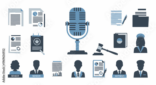 Set of business and legal icons including documents, microphone, judge gavel, and professional figures.