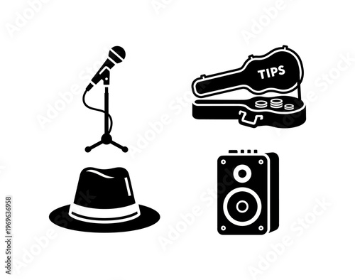 Vector set of microphone, tip jar case, fedora hat, and amplifier speaker icons. Essential for live music, busking, and entertainment designs