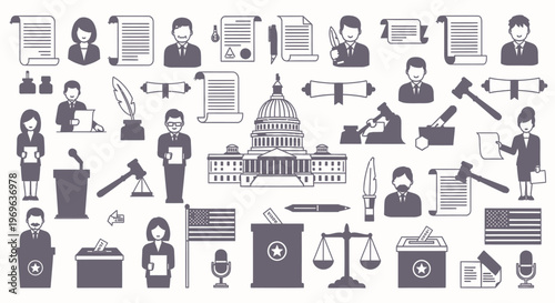 Set of various black and white icons representing government, law, and politics.