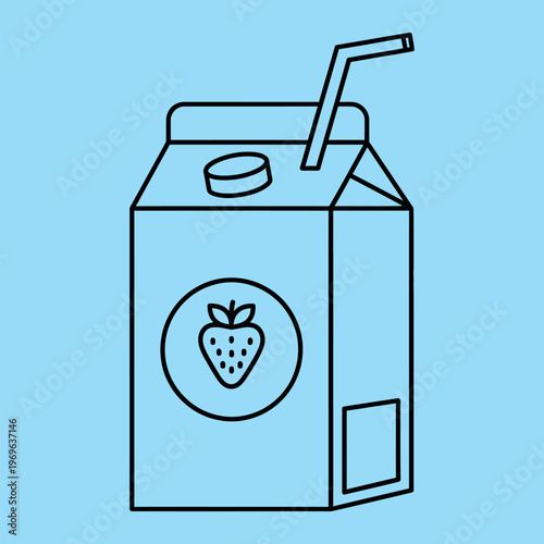 Light blue juice carton with straw and strawberry label black outline