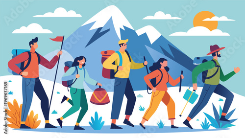 Group of hikers walking on a mountain trail in the daytime with clear sky and visible peaks nearby