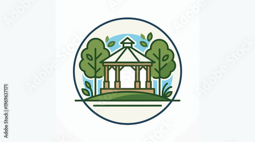 Elegant Gazebo Surrounded By Trees In Circular Emblem