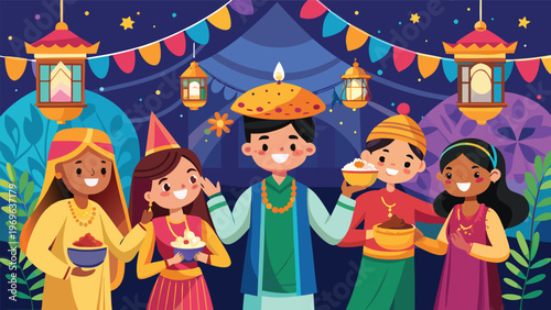 People celebrate a festival at night with food and lights while wearing colorful clothes in a festive setting