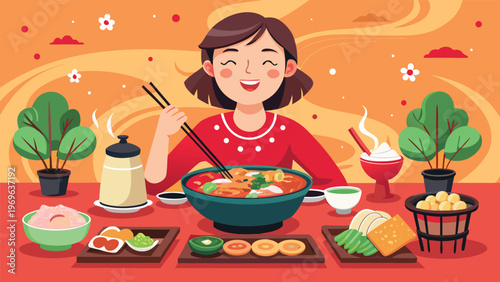 Enjoying a bowl of noodles with side dishes and drinks in a colorful setting