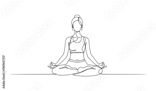 Minimal continuous line yoga meditation woman lotus pose vector illustration for mindfulness and relaxation