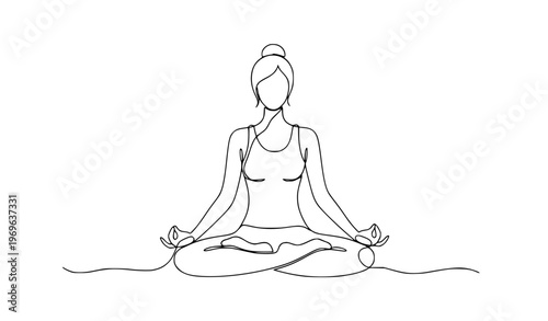 Continuous line drawing woman meditating lotus pose minimalist yoga silhouette vector for wellness and zen