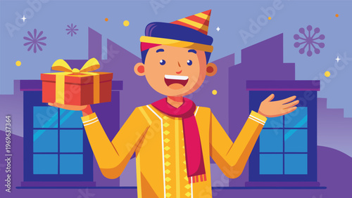 Celebrating a festive moment with a young boy holding a gift in a colorful setting during a celebration