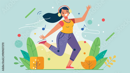 Person dances with joy in colorful space while wearing headphones and listening to music during daytime activities