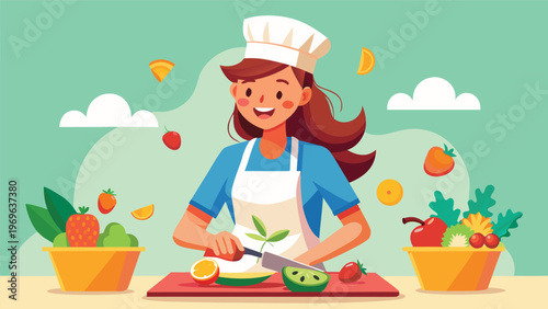 Chef prepares fresh ingredients for cooking in a colorful kitchen setting during daytime