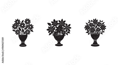 Black and white illustration of three flower arrangements in vases on a white background