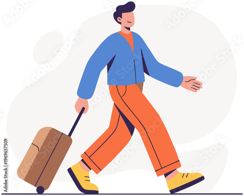 A man walks with a suitcase on the ground in an outdoor setting.