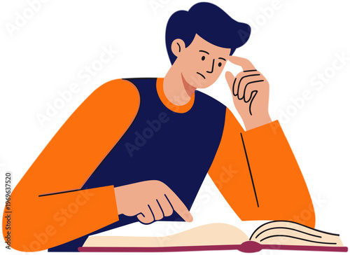 A man studies intently with a book on a table indoors.