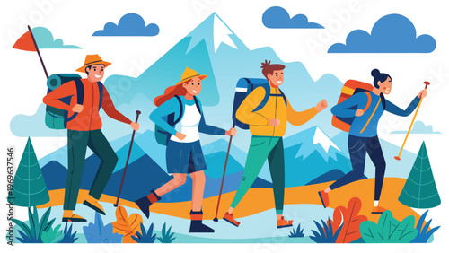 Group of friends hiking in mountains with backpacks and walking sticks during a sunny day