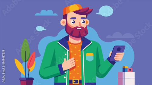 Man holding a smartphone in a colorful setting with plants, engaging in conversation and smiling during daylight hours