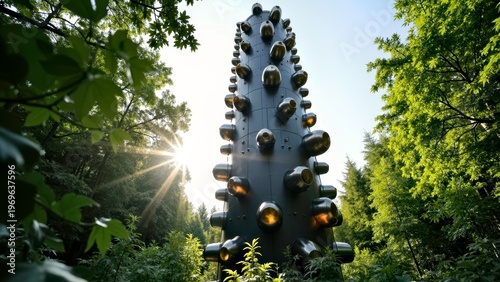 Futuristic tower structure in lush forest
