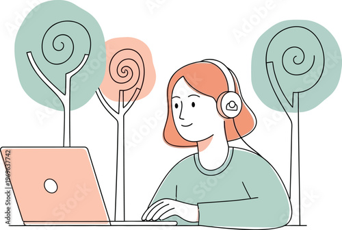 Woman with headphones learning online on laptop
