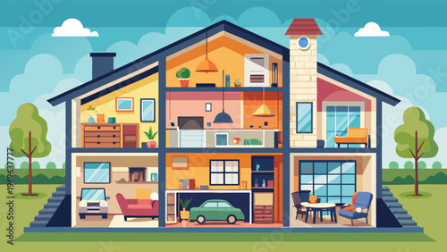 Modern house interior design showing various rooms and furniture styles in a bright setting with outdoor view of trees and blue sky