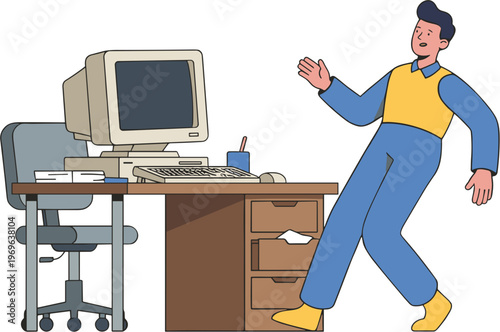 Man walks quickly past office desk with computer and chair