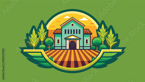 Farmhouse with trees and fields at sunset in a rural area with clear skies and colorful scenery
