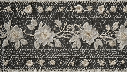 Elegant White Embroidered Lace Trim – Scalloped Floral Border Isolated for Decorative Design