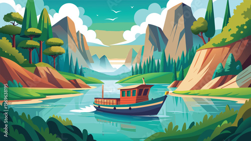 Boat moves through a quiet river surrounded by trees and mountains on a clear day