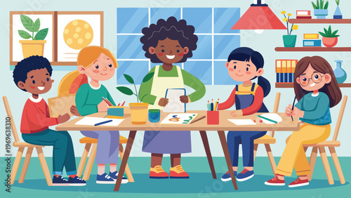 Group of children and an adult working on art projects in a classroom during the day