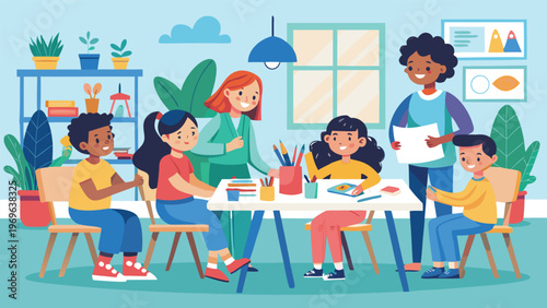 Kids learn art in a bright classroom with a teacher and friends engaged in creative activities during the afternoon
