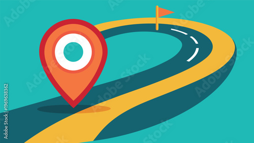 Map marker shows route on a winding road with a flag indicating destination in flat design style