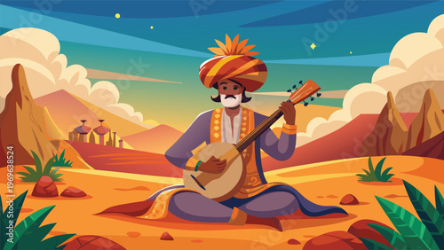 Musician plays a traditional string instrument in a desert landscape during sunset with colorful sky and mountains in the background
