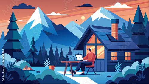 Freelancer working on laptop near cabin in mountains with forest and sunset sky illustrating remote work in nature peaceful lifestyle and digital nomad concept flat illustration