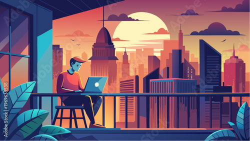 Young man working on laptop on balcony with city skyline at sunset illustrating remote work lifestyle freedom and urban digital nomad concept in colorful flat style
